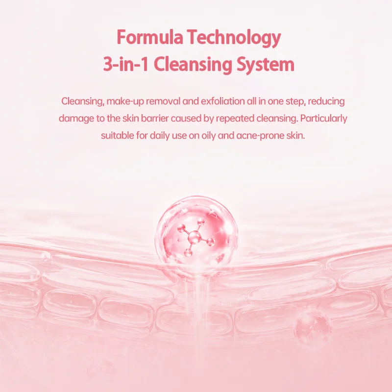 Visual of Formula Technology 3-in-1 cleansing system with pink molecular design and text highlighting makeup removal, exfoliation, and gentle cleansing benefits.